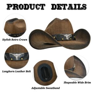 FLUFFY SENSE. Cowboy Hat for Women and Men - Straw Cattleman Crease Western Hats with Upgrade 4 inches Shapeable Wide Brim (Dark Brown)