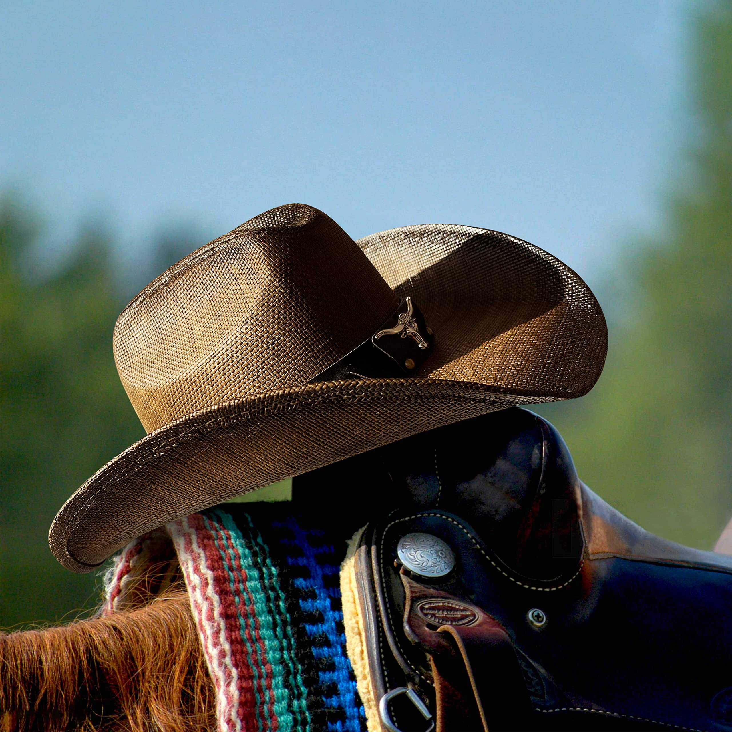 FLUFFY SENSE. Cowboy Hat for Women and Men - Straw Cattleman Crease Western Hats with Upgrade 4 inches Shapeable Wide Brim (Dark Brown)