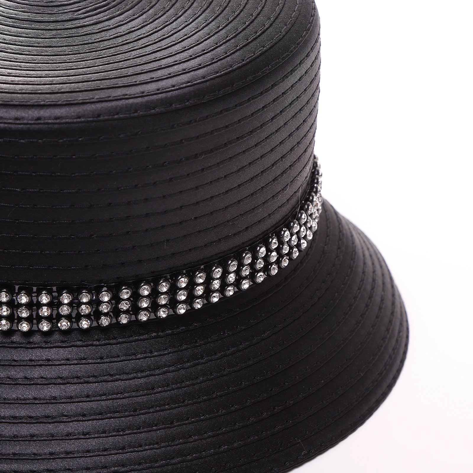 Women Gorgeous Rhinestone Tea Party Dress Bowler Cloche Bucket Derby Church Hat (Black)