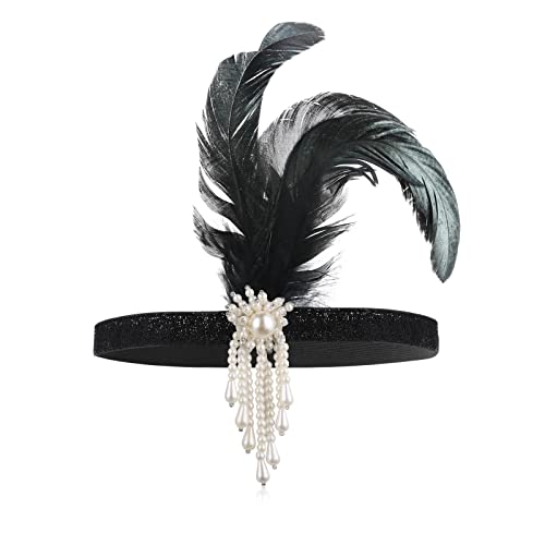 WLLHYF 1920s Flapper Headband, Feather Headwear Headpiece Black Head Wear 1920s Fashion Bling Rhinestone Hair Accessories for Women Girls Gatsby Themes Costume Prom Party Decoration (White Beads)