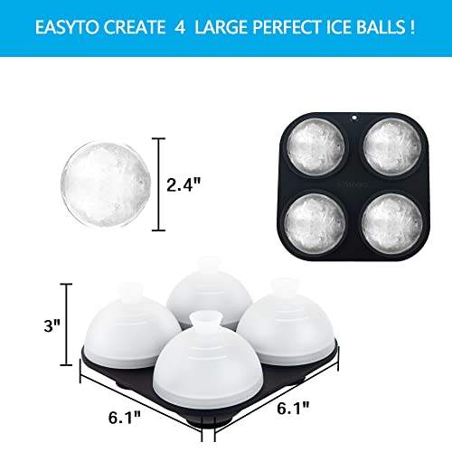 Whiskey Ice Ball Mold, HONYAO Ice Ball Maker Mold 100% Silicone Round Sphere Ice Cube Tray with Clear Individual Lid, 2.4in Large Spherical Ice Ball Molds for Cocktails Bourbon Rum - 4 Iceballs