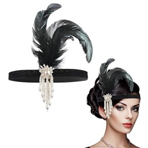 WLLHYF 1920s Flapper Headband, Feather Headwear Headpiece Black Head Wear 1920s Fashion Bling Rhinestone Hair Accessories for Women Girls Gatsby Themes Costume Prom Party Decoration (White Beads)