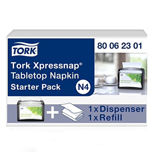 Tork Xpressnap Tabletop Napkin System Starter Pack Black N4, Dispenser and 1 x 500 One-at-a-Time Dispensing Napkins, 80062301