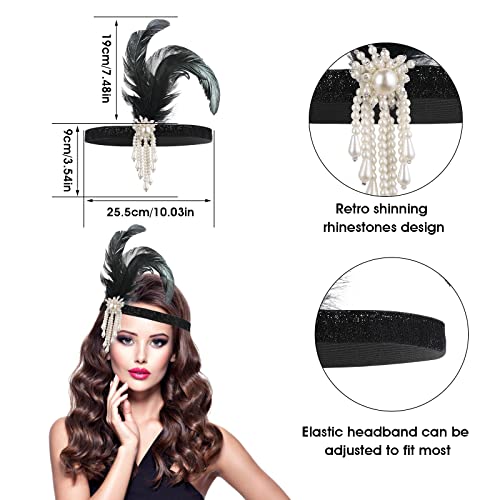 WLLHYF 1920s Flapper Headband, Feather Headwear Headpiece Black Head Wear 1920s Fashion Bling Rhinestone Hair Accessories for Women Girls Gatsby Themes Costume Prom Party Decoration (White Beads)