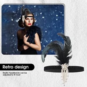 WLLHYF 1920s Flapper Headband, Feather Headwear Headpiece Black Head Wear 1920s Fashion Bling Rhinestone Hair Accessories for Women Girls Gatsby Themes Costume Prom Party Decoration (White Beads)