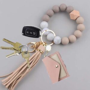 Sither Silicone Keychain Ring for Women Cute Keyring Bracelet Bangle with Tassel Car Keychain Holder for Mom Gift (khaki)