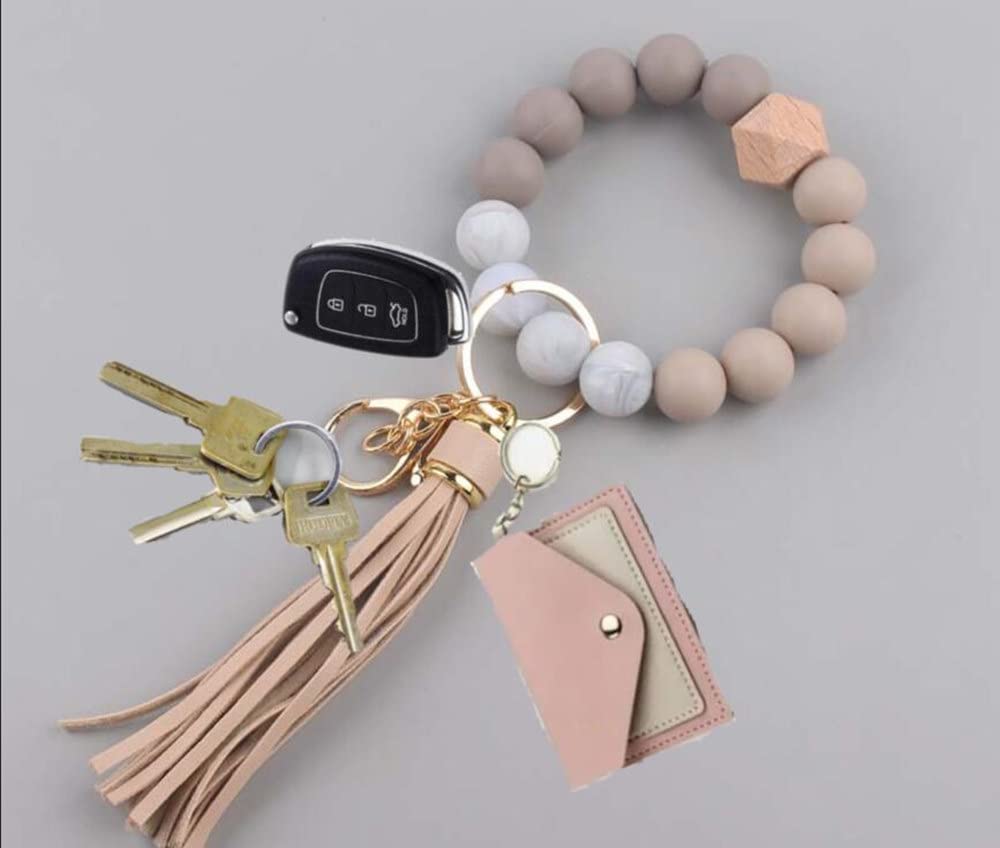 Sither Silicone Keychain Ring for Women Cute Keyring Bracelet Bangle with Tassel Car Keychain Holder for Mom Gift (khaki)