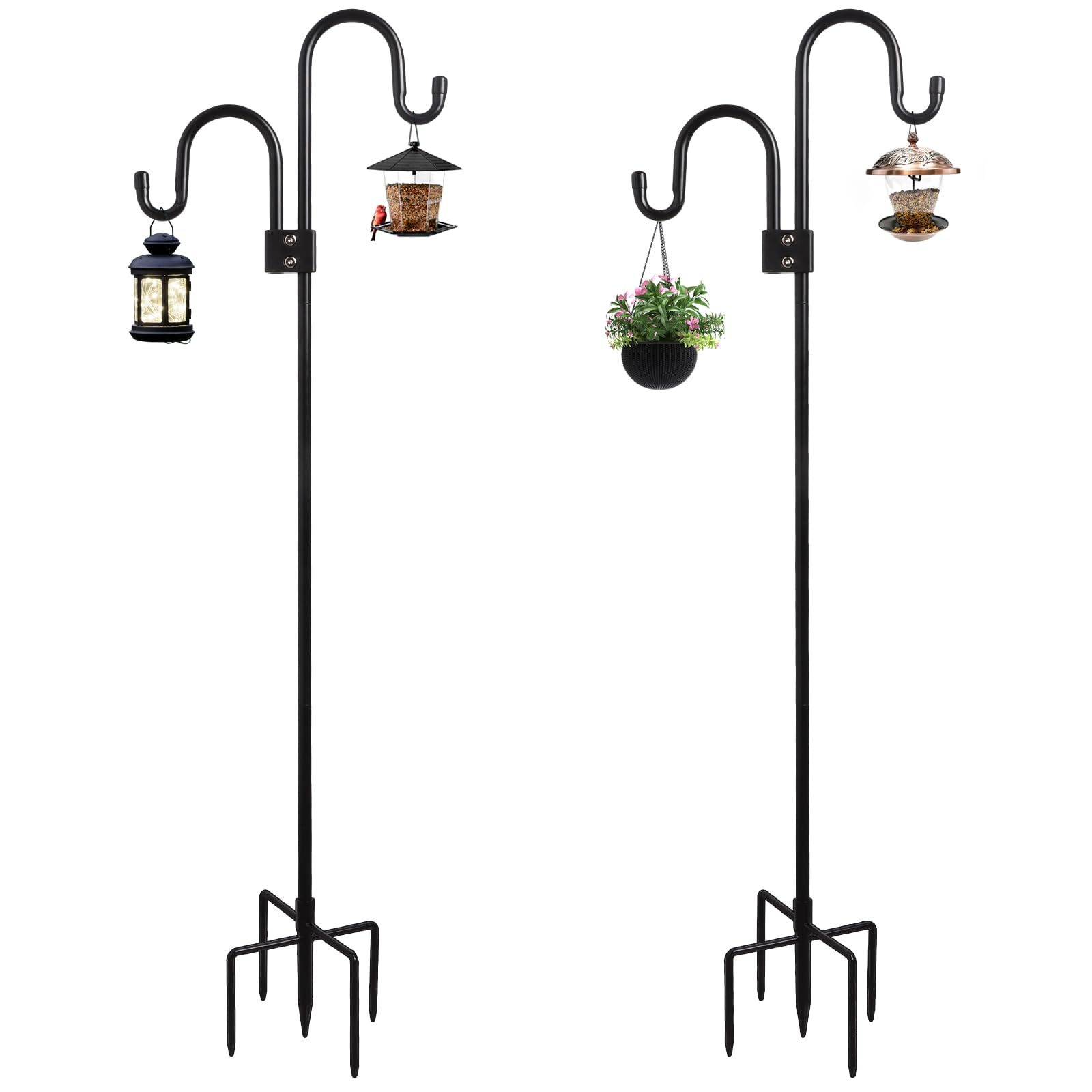 Whonline Double Shepherds Hook,2 Pack,92 Inch,5 Base Prongs Heavy Duty,Two Sided Garden Pole,Hanging Plant Baskets Solar Light Lanterns Garden Plant Hanger Stands