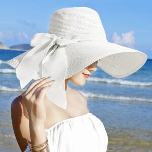 Lanzom Womens 5.5 Inches Big Bowknot Straw Hat Large Floppy Foldable Roll up Beach Cap Sun Hat UPF 50+ Fit Size 6 8/7-7 1/4(White)