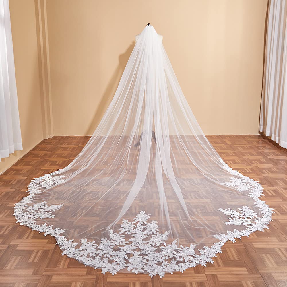 EllieWely Long Cathedral Length 1 Tier Lace Wedding Bridal Veil F17 3 M Ivory