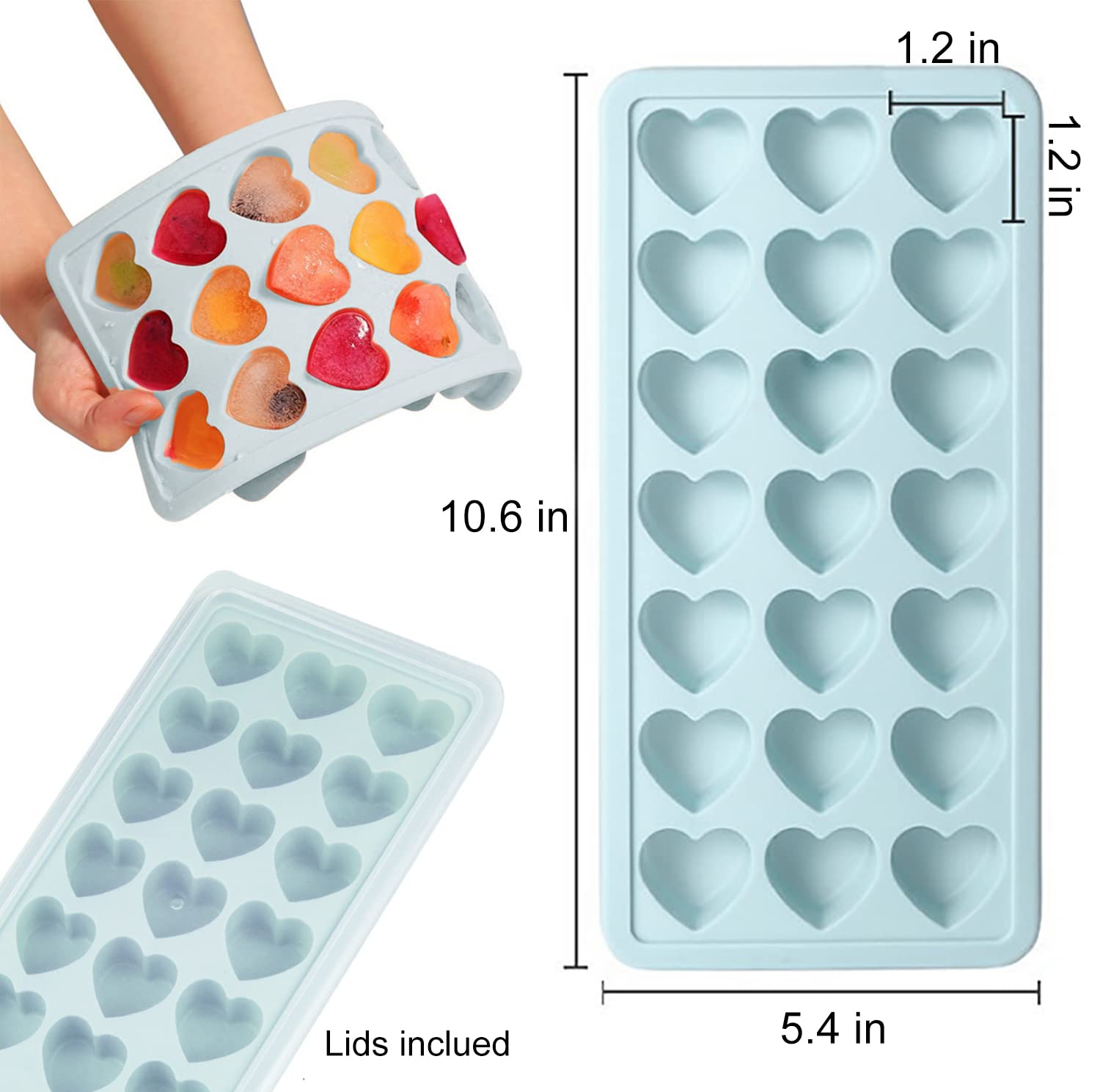 2 Pack Heart Shpaed Ice Cube Trays with Lids, Heart ice Molds, 42 Holes Silicone Heart Ice Cube Molds for Whiskey, Cocktail, Fun Shapes Ice Cubes, Chocolate, Candle, Candy, Jelly, Jello - with Lids