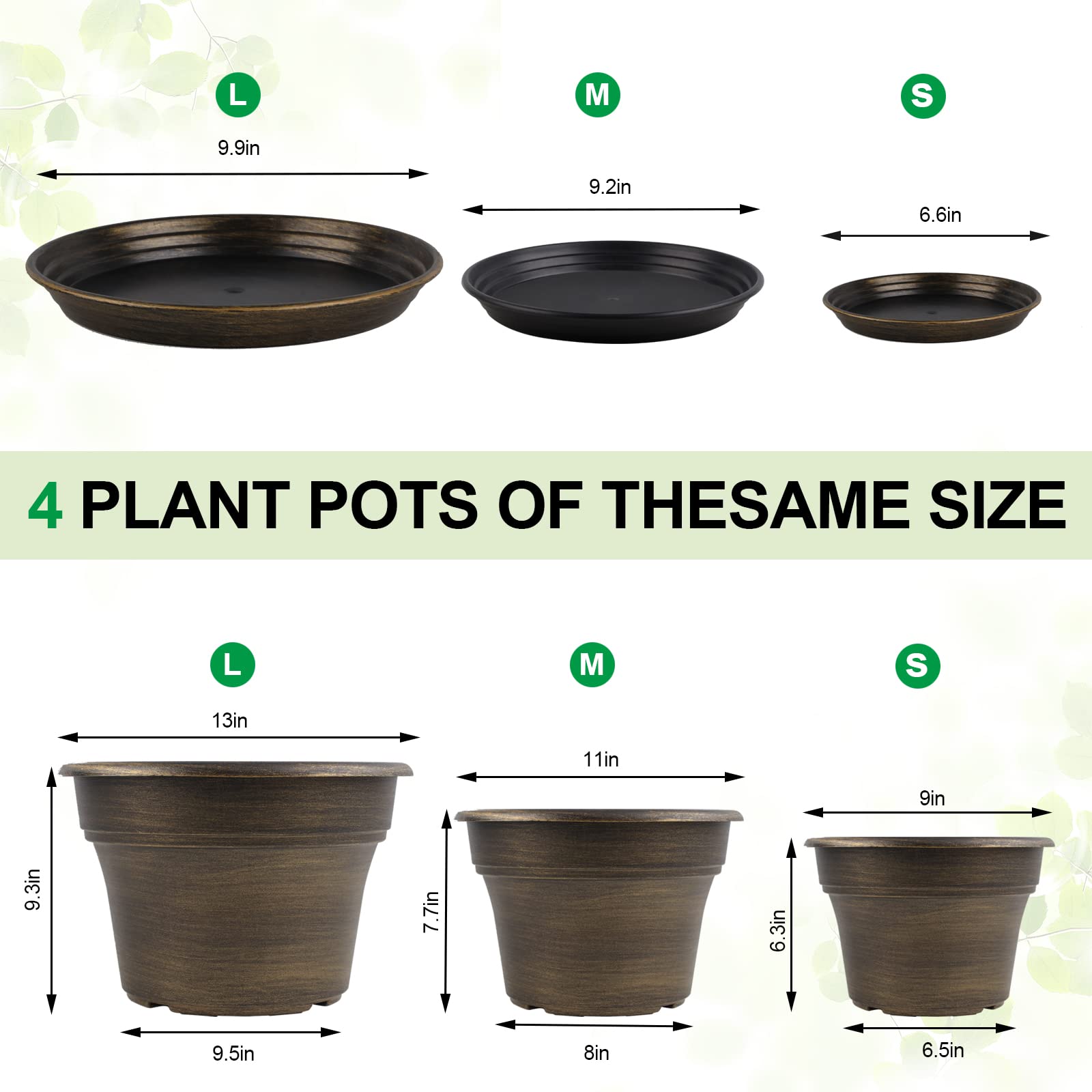 Plant Planters Pots Set of 4 Pack 9 Inch, Plastic Flower Pot for Indoor Plants with Drainage Holes & Trays, Resin Decorative Container Sets with Saucer for House Outdoor Garden Planters Dark Gold