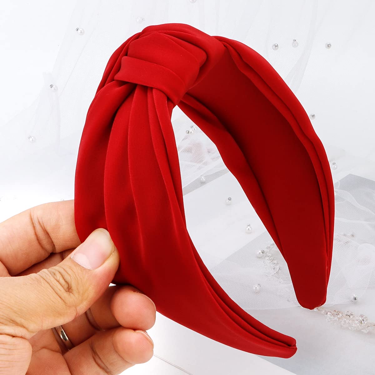 TOBATOBA Red Knotted Satin Silk Headband, Wide Non-Slip Top Knot Hair Accessory for Women