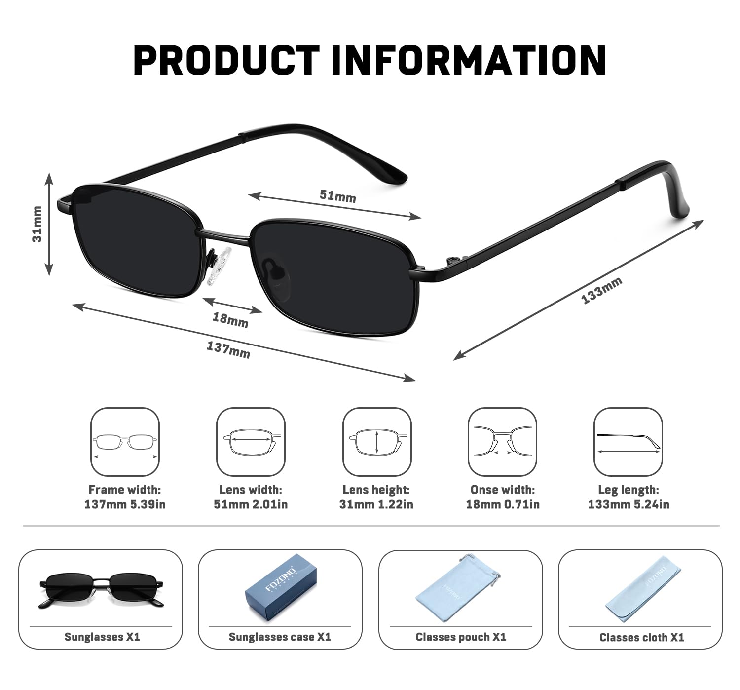 Fozono Rectangle Sunglasses for Women 90s Retro Small Narrow Square Frame UV400 Protection(Black Frame Gray Lens)