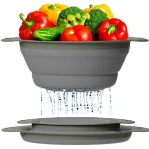 Ultimate Kitchen Strainers Set of 2 - Collapsible Silicone Colanders For Easy Storage by Comfify - Use with Pasta & Veggies or as a Fruit or Berry Bowl with Strainer - Irreplaceable for Campers - Gray