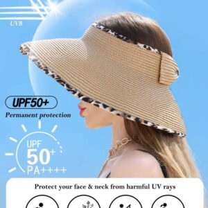 LA CARRIE Wide Brim UV Protection Sun Hats for Women with Leopard Trim Straw Roll Up Beach Visor Hat UPF 50+(Khaki with Leopard)