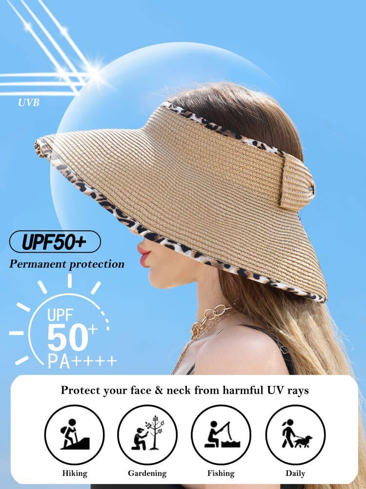 LA CARRIE Wide Brim UV Protection Sun Hats for Women with Leopard Trim Straw Roll Up Beach Visor Hat UPF 50+(Khaki with Leopard)