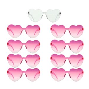 KIDZVEFUN Bachelorette Party Favors, Heart Sunglasses, 9 Pack Heart Shaped Rimless Transparent Cute Fun Sunglasses for Women Valentines Day Gifts Party Supplies (1 White+8 Pink)