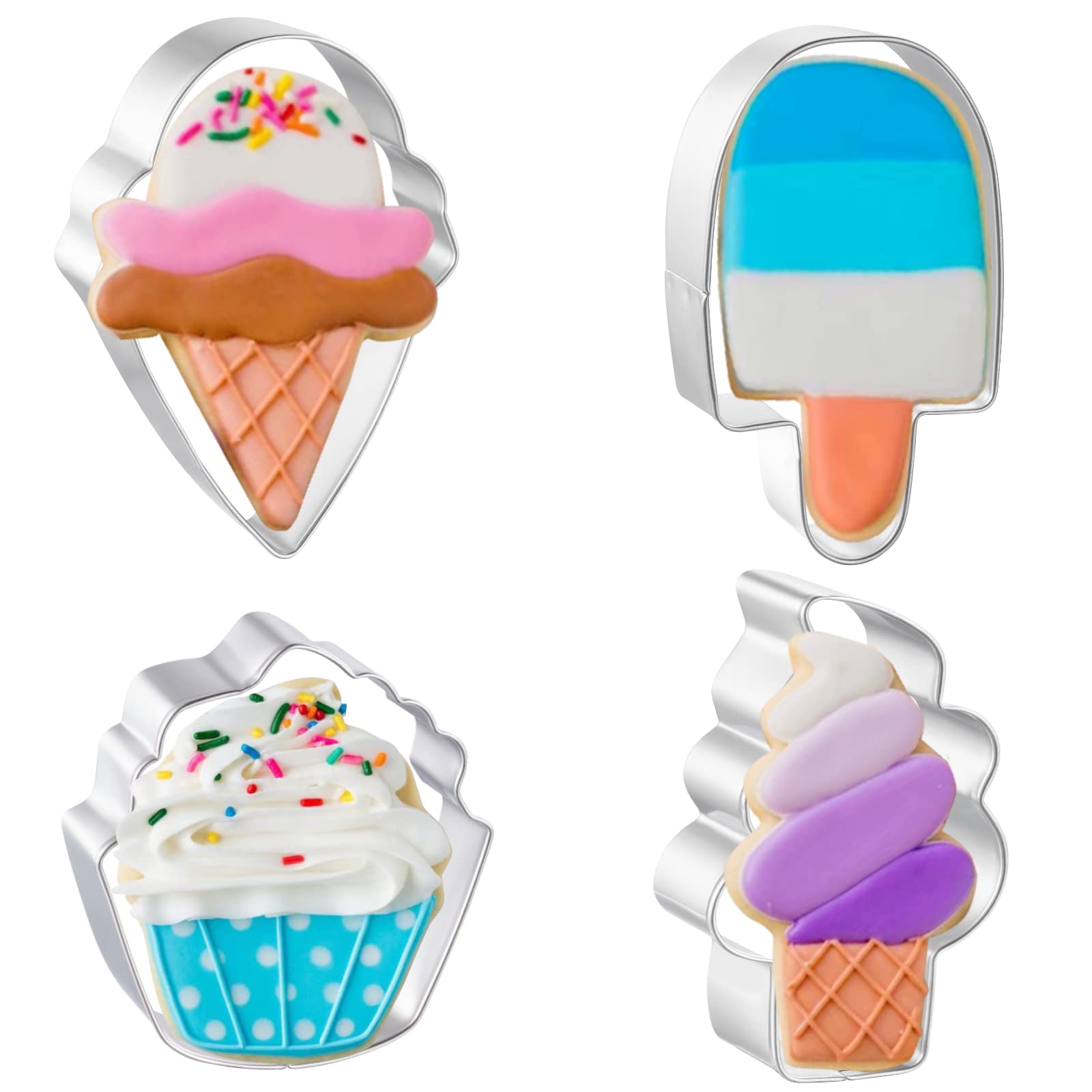 JOB JOL Cookie Cutters 4 PCS, Summer Cookie Cutters, 3'' to 4'', Ice Cream, Popsicle, Cupcake