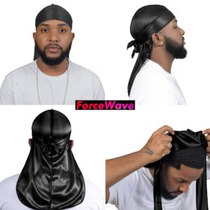 4PCS Silky Durags for Men Women 360 Waves with 1 Wave Cap, Silky Satin Durag Extra Long Tails Black Black Black Black