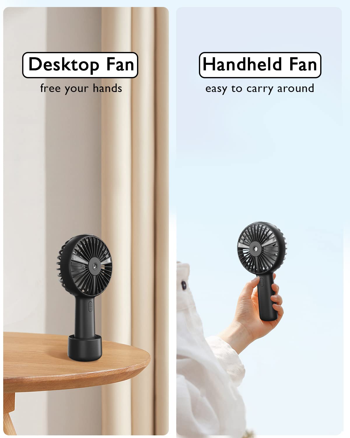 Portable Hand held Misting Fan, Small Personal USB Rechargeable Battery Operated Spray Fan Mister with 20ml Water Tank Mist Lash Fan Quiet 3 Speed Strong Cooling Wind for Travel Office Outdoors black