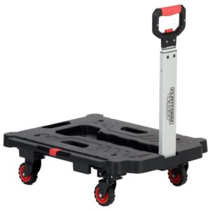 magna cart foldable hand truck platform multifunctional push cart with extendable handle, 300 lb capacity, and 360-degree swivel wheels, black/red