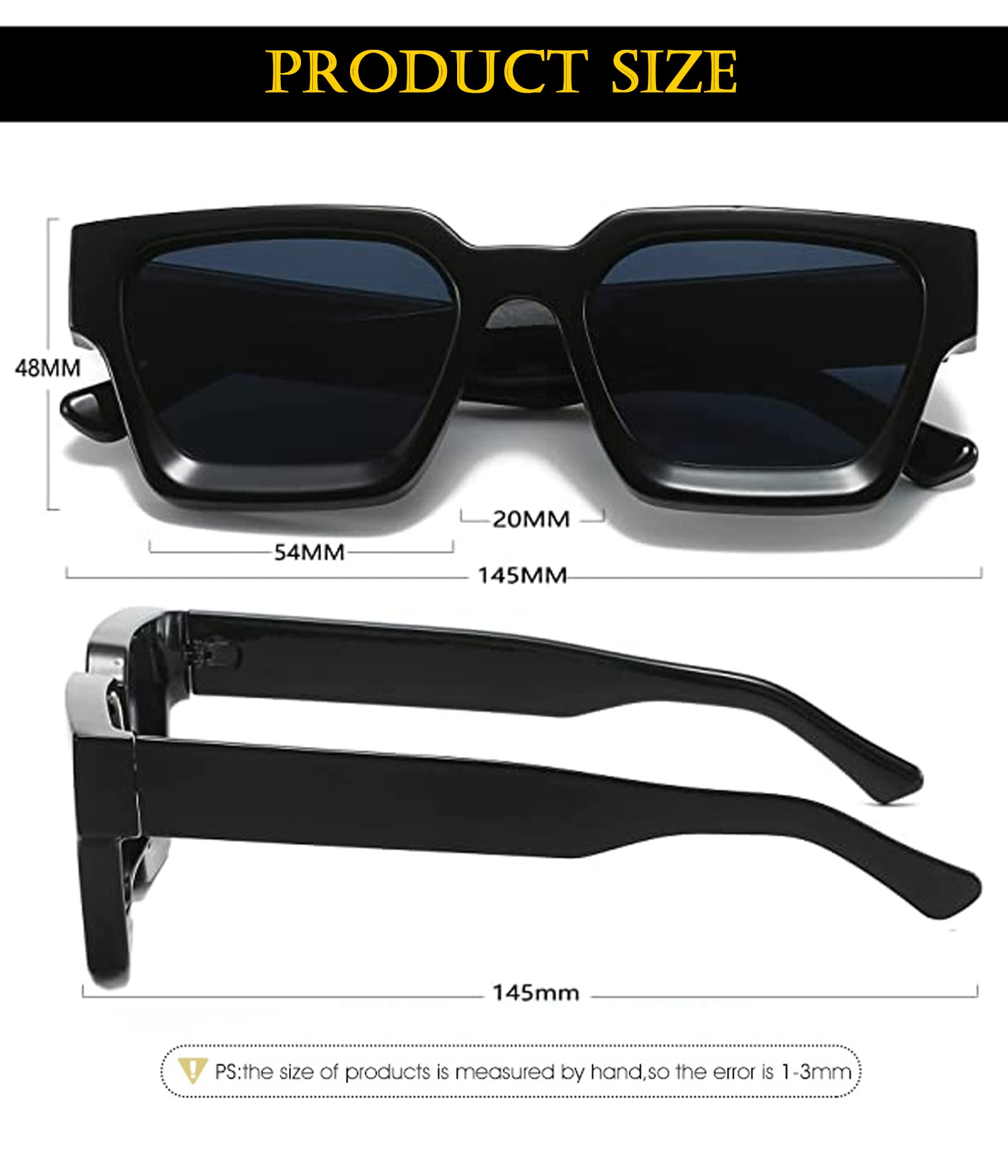 EYLRIM Thick Square Frame Sunglasses for Women Men Fashion Chunky Rectangle Sun Glasses Black Shades(01 Black/Grey)