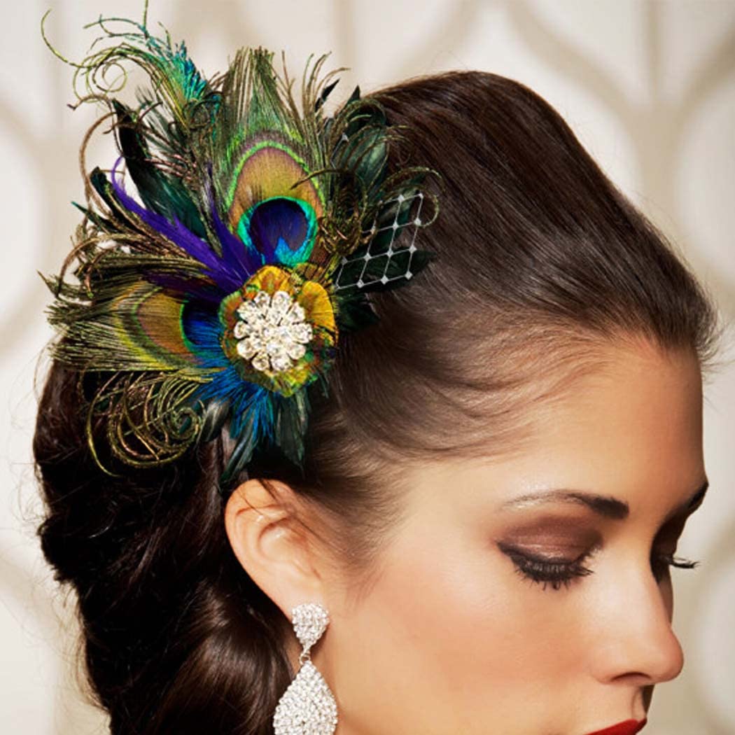 Yokawe Peacock Feather Hair Clip Peacock Fascinator with Rhinestone 1920s Flapper Fascinator Wedding Dance Party Hair Accessories for Women