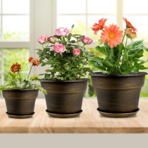 Plant Planters Pots Set of 4 Pack 9 Inch, Plastic Flower Pot for Indoor Plants with Drainage Holes & Trays, Resin Decorative Container Sets with Saucer for House Outdoor Garden Planters Dark Gold