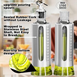 SINYWAY Oil Dispenser Bottle, 4 Pack Glass Olive Oil Dispenser Bottle with Shelf, 17oz/500 ml Oil and Vinegar Dispenser Set Wrapped in Stainless Steel Shell with Pourers, Funnel & Pen and Tags