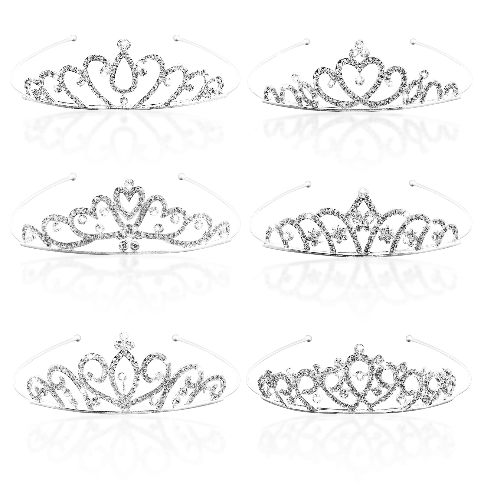 6 Pieces Princess Crowns for Little Girls Rhinestone Queen Crowns Bouquets Bling Tiara Headband Silver Hair Jewelry Accessories for Women Senior Birthday Wedding Prom Bridal Valentine Party Decor