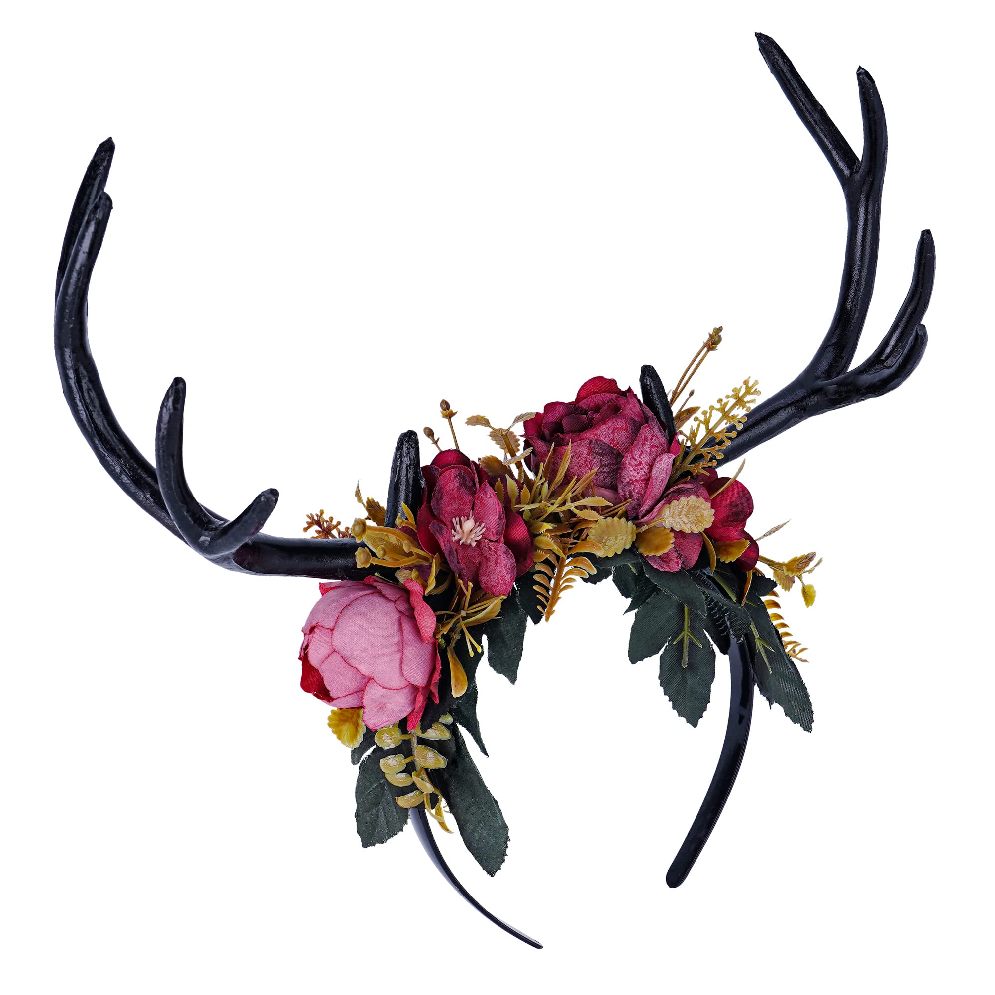 MOSTORY Handmade Dark Antler Flower Headband Fairy Floral Headpiece Black Horns Hairband Medieval Woodland Crown for Renaissance Festival Cosplay Halloween Wedding Fae Ball Masquerade