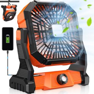 camping fan for tent, 15000mah rechargeable battery operated fan, portable tent fan for camping with light, hook, timer, 270° rotation, outdoor usb fan for picnic bbq fishing travel hurricane jobsite