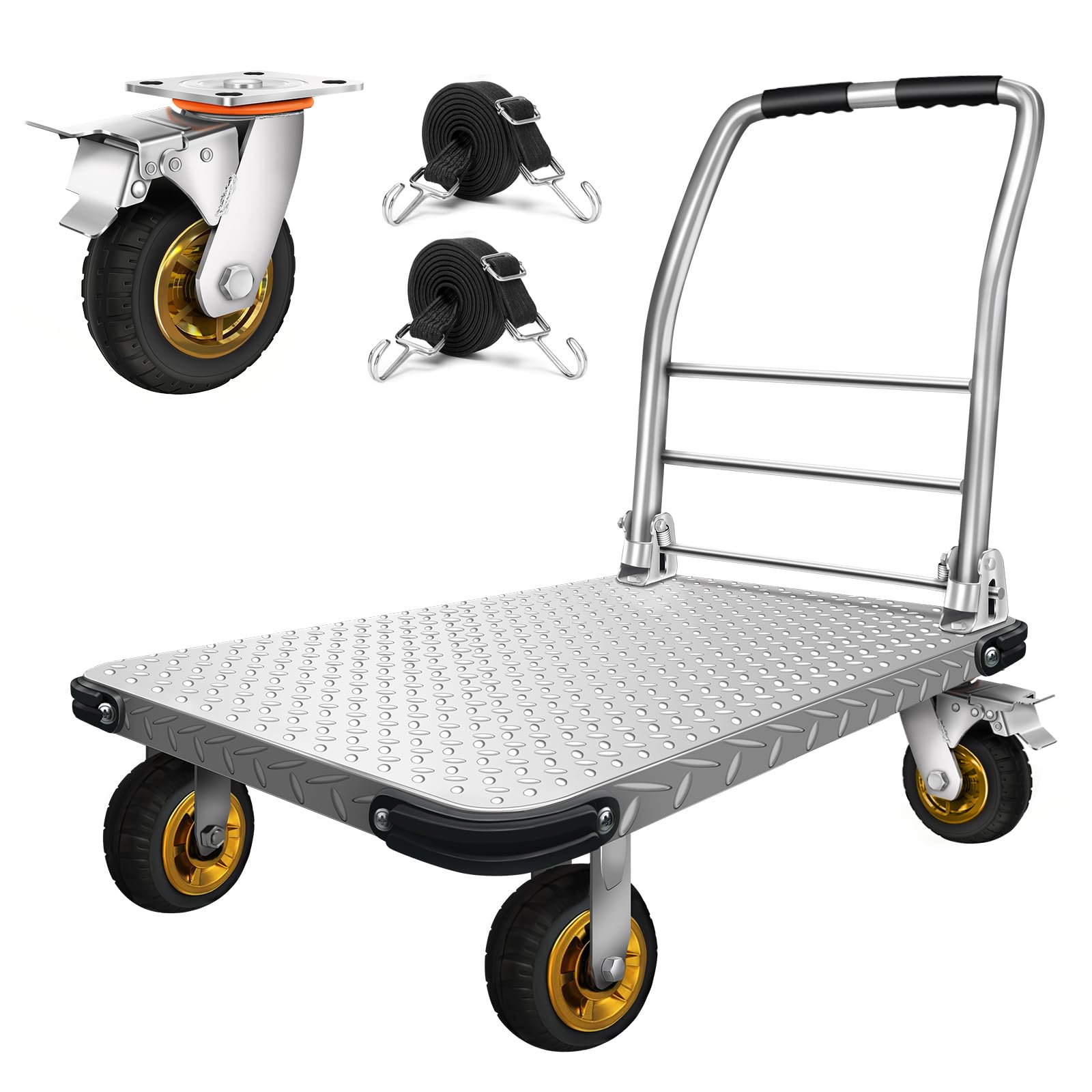 Platform Truck Flatbed Cart Heavy Duty Steel Foldable Push Cart Dolly with 2000Lbs Capacity and Bungee Cords,36 x 24 Large Flatbed Platform Cart with Brake and 6" 360 Degree Swivel Wheels for Moving