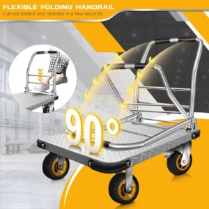 Platform Truck Flatbed Cart Heavy Duty Steel Foldable Push Cart Dolly with 2000Lbs Capacity and Bungee Cords,36 x 24 Large Flatbed Platform Cart with Brake and 6" 360 Degree Swivel Wheels for Moving