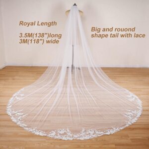 EllieWely Long 1 Tier Lace Wedding Bridal Veil With Metal Comb F10 3 M Ivory