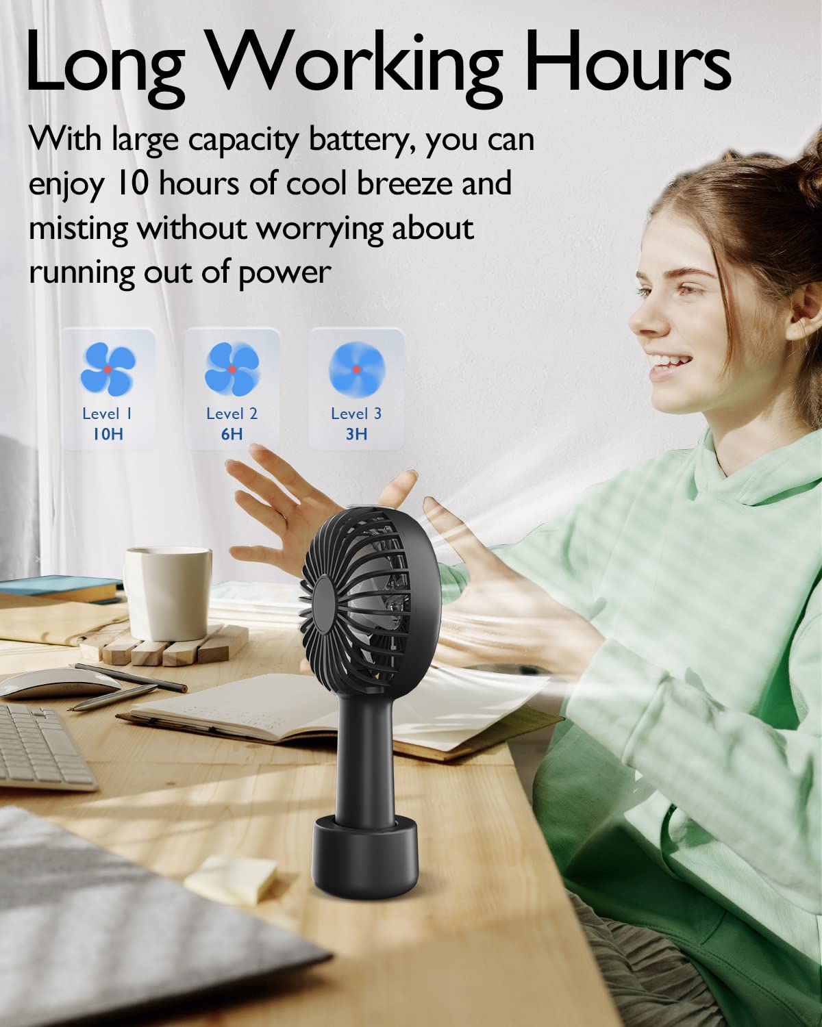 Portable Hand held Misting Fan, Small Personal USB Rechargeable Battery Operated Spray Fan Mister with 20ml Water Tank Mist Lash Fan Quiet 3 Speed Strong Cooling Wind for Travel Office Outdoors black