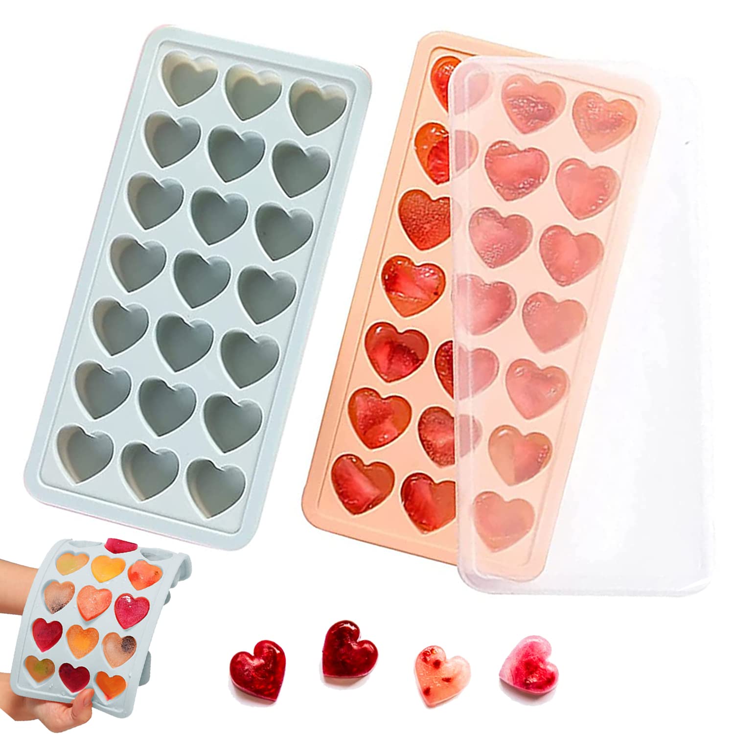 2 Pack Heart Shpaed Ice Cube Trays with Lids, Heart ice Molds, 42 Holes Silicone Heart Ice Cube Molds for Whiskey, Cocktail, Fun Shapes Ice Cubes, Chocolate, Candle, Candy, Jelly, Jello - with Lids