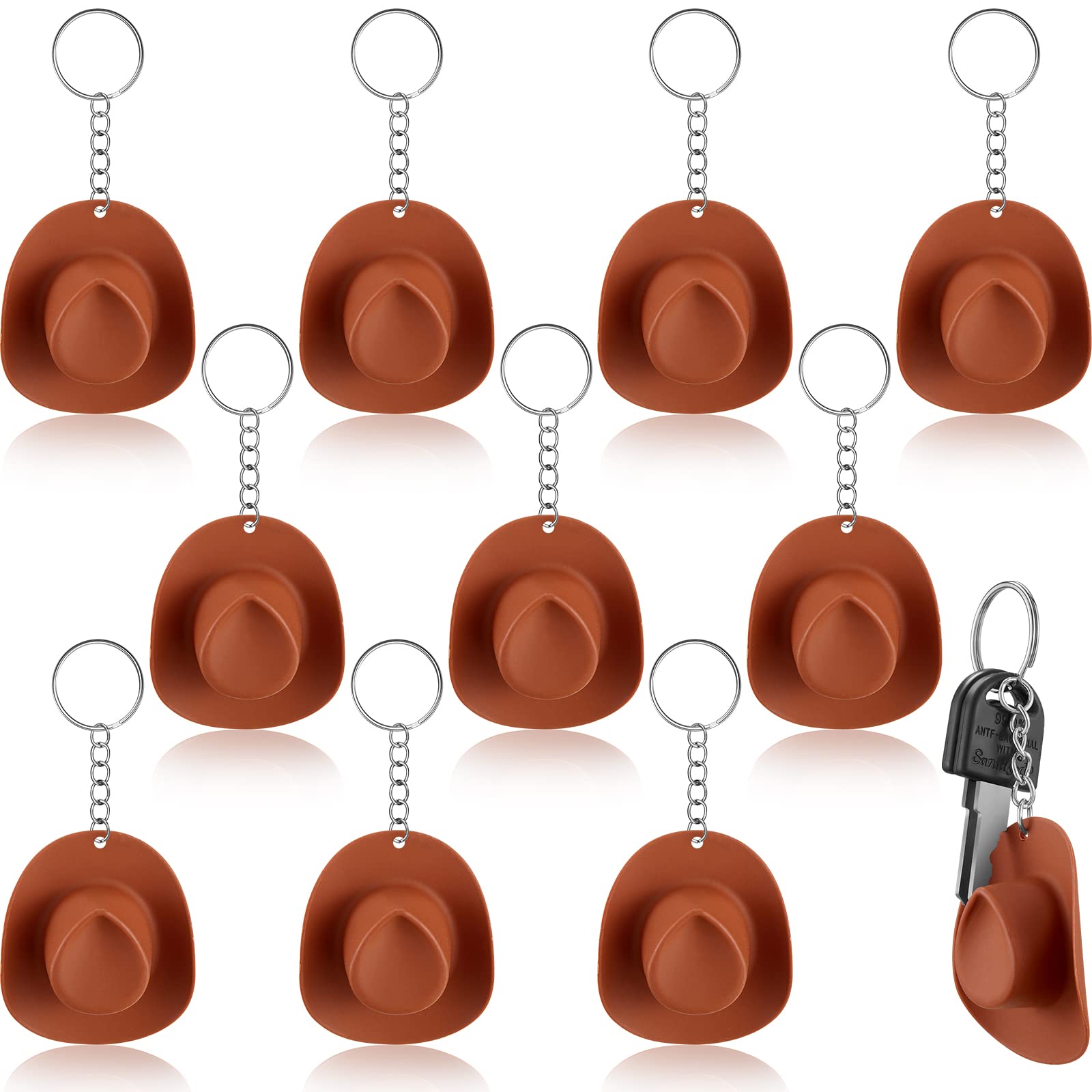 Sureio 12 Pcs Plastic Mini Western Cowboy Cowgirl Hat Keychain for Kids Adult Birthday Bachelorette Party Gifts Wedding Party Favors (Brown)