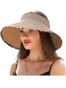 la carrie wide brim uv protection sun hats for women with leopard trim straw roll up beach visor hat upf 50+(khaki with leopard)