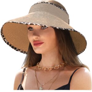 LA CARRIE Wide Brim UV Protection Sun Hats for Women with Leopard Trim Straw Roll Up Beach Visor Hat UPF 50+(Khaki with Leopard)