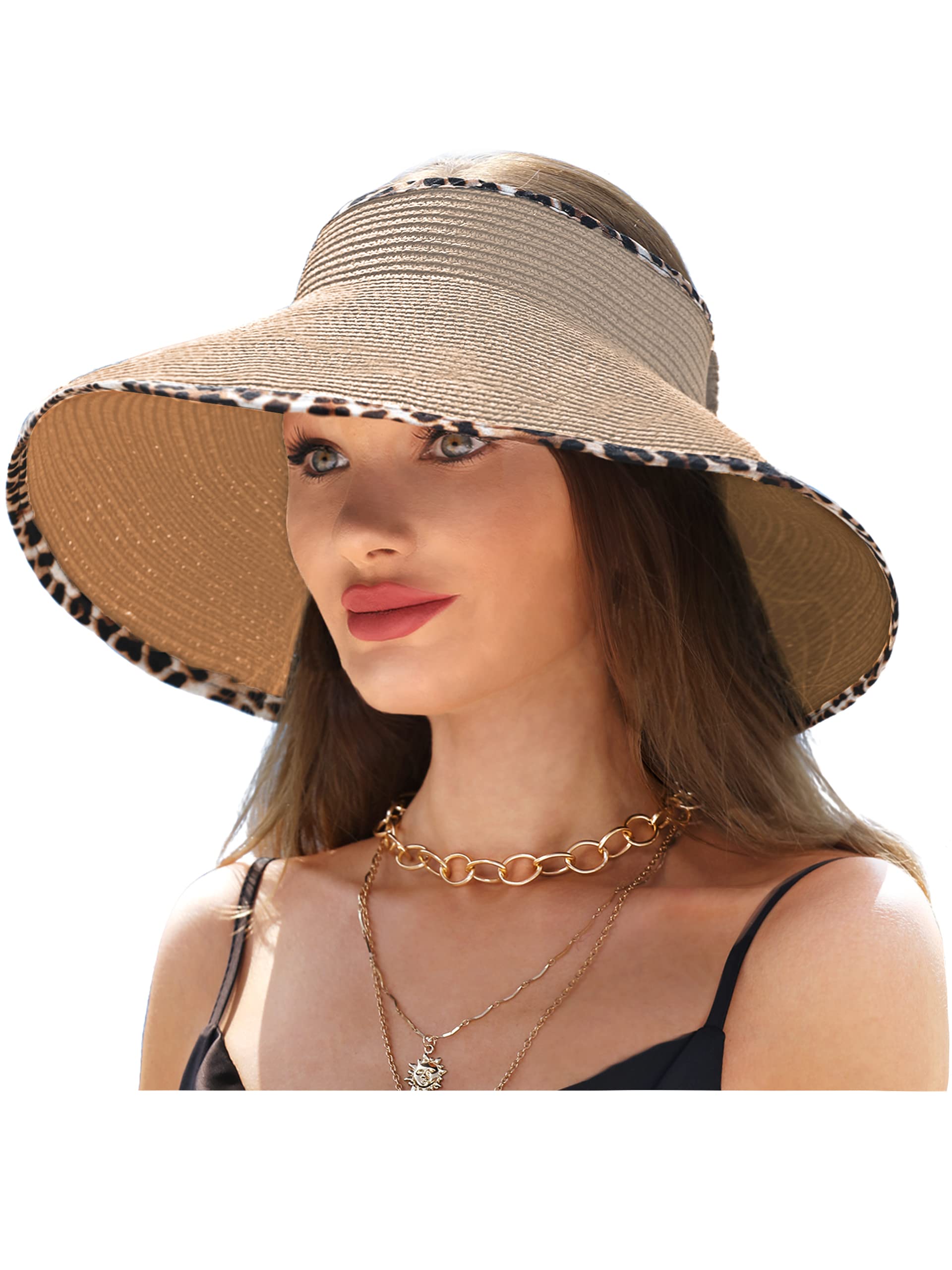 LA CARRIE Wide Brim UV Protection Sun Hats for Women with Leopard Trim Straw Roll Up Beach Visor Hat UPF 50+(Khaki with Leopard)