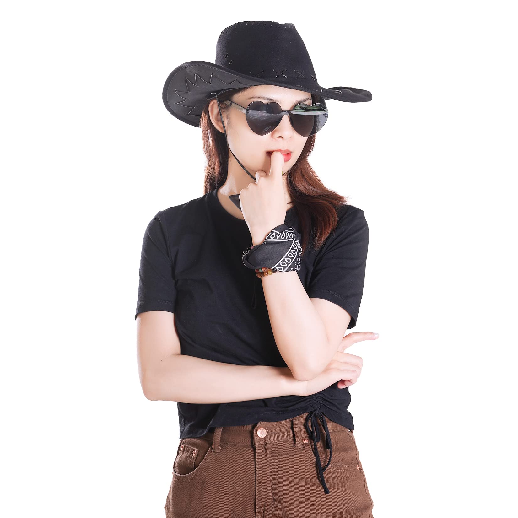 choyaxo Western Cowboy Costume Set Including Cowgirl Hat Heart Shaped Sunglasses and Bandana for Halloween，Black