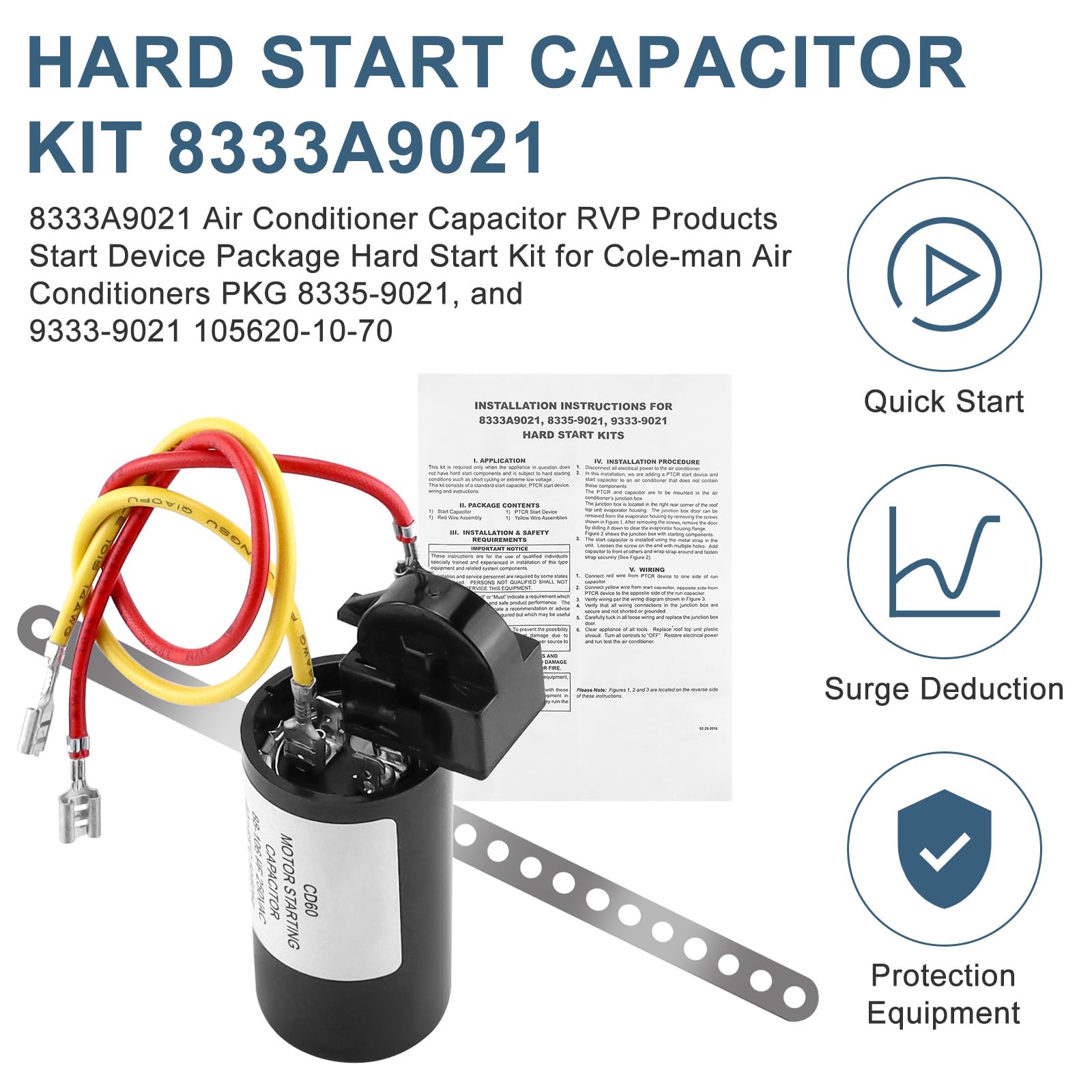 8333A9021 Air Conditioner Hard Start Kit AC Hard Start Kit,Start the AC Smoothly by Fetechmate Replacement 8333A9021 PKG 8335-9021 9333-9021 105620-10-70 Capacitor Hard Start Kit