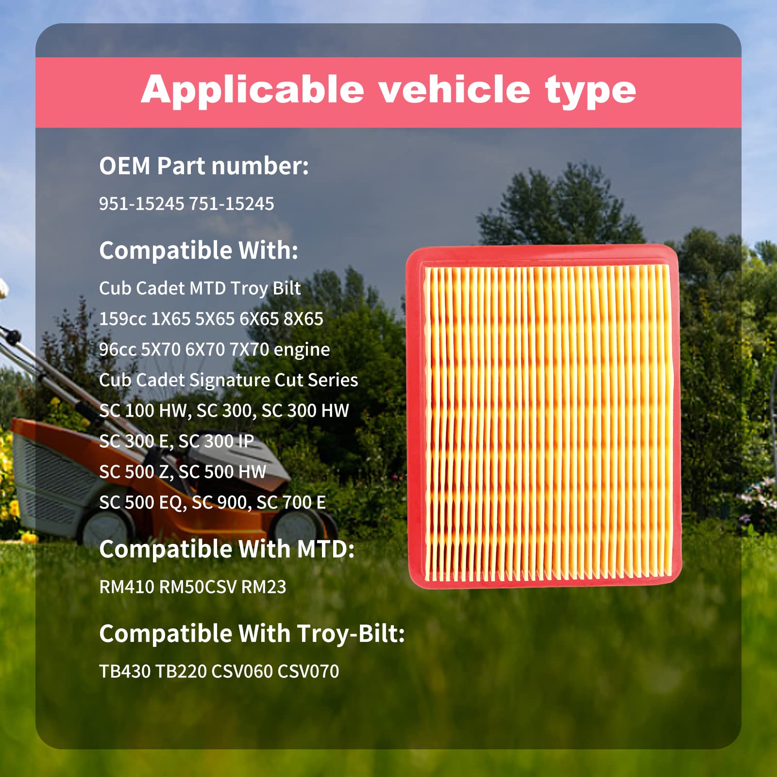 JICHEKU 951-15245 Air Filter Compatible with MTD 951-15245 751-15245 Cub Cadet 490-200-M065 159cc 1X65 5X65 6X65 8X65 196cc 5X70 6X70 7X71 Engines(2Pack)