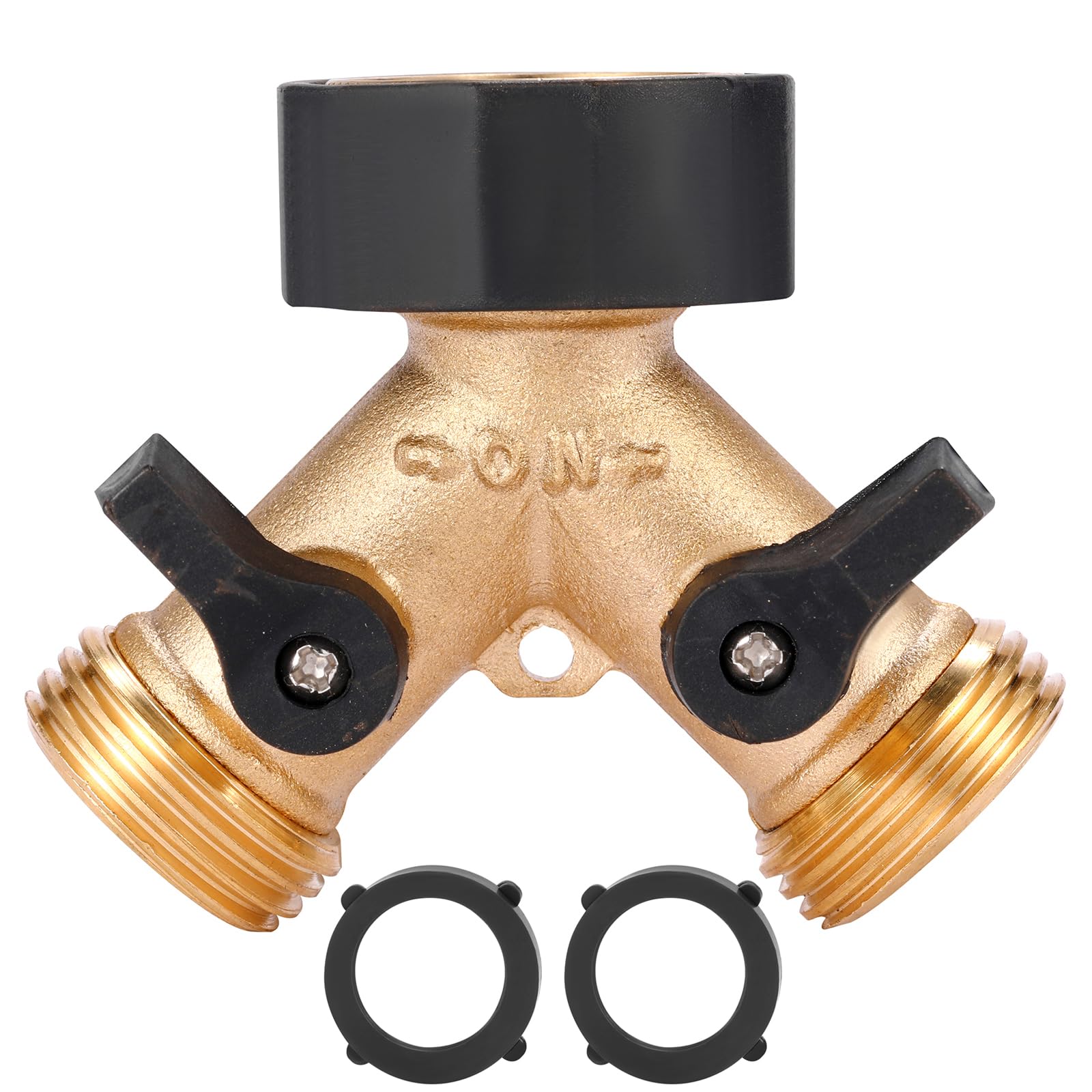 Sanpaint Garden Hose Splitter 2 Way Heavy Duty, Y Connector Brass Garden Hose Adapter, Hose Bib Splitter with 2 Extra Rubber Washers