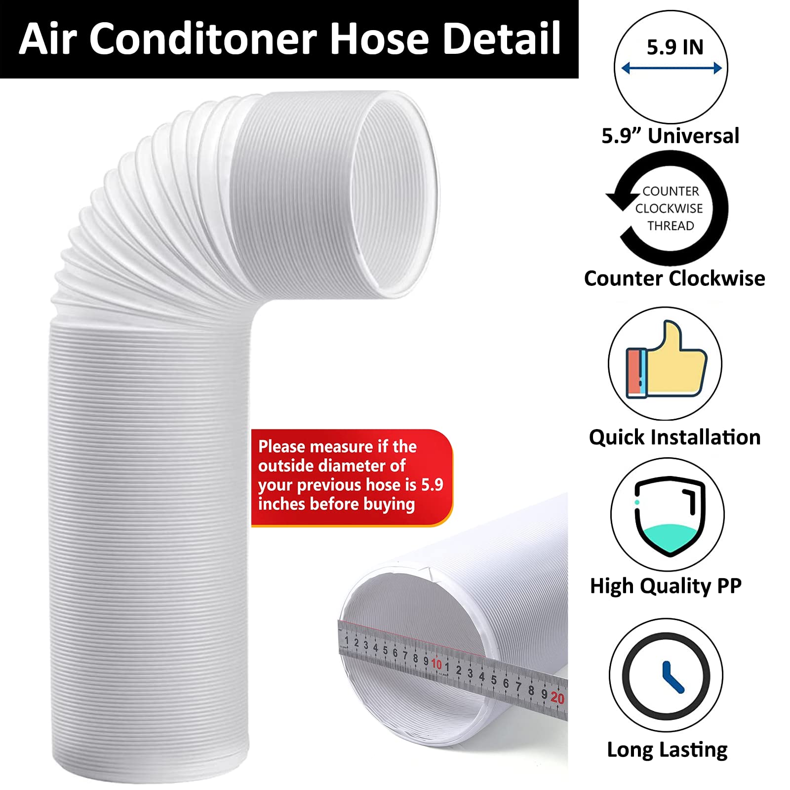 FUBININA Portable Air Conditioner Hose, AC Hose with 5.9" Diameter, Anti-Clockwise Thread Length up to 80" AC Exhaust Hose for Portable AC Vent Replacement Tube Compatible with LG Air Conditioner Part