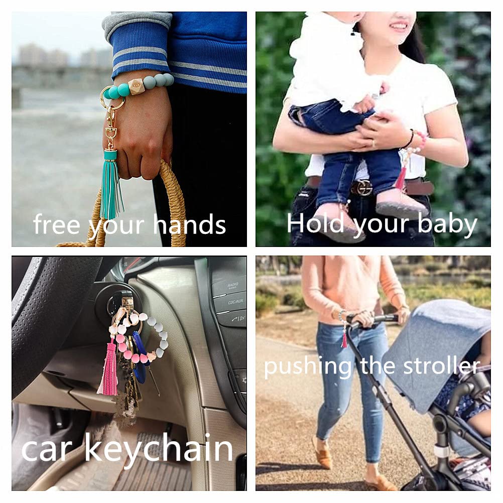 Sither Silicone Keychain Ring for Women Cute Keyring Bracelet Bangle with Tassel Car Keychain Holder for Mom Gift (khaki)