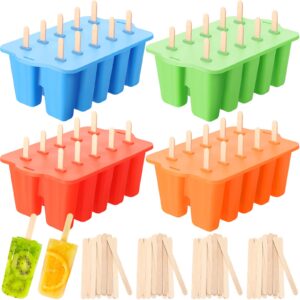 hoolerry ice lolly molds set include 4 pcs silicone frozen ice cream molds and 200 pcs ice candy maker sticks for homemade, red, blue, green, orange (10 cavities)