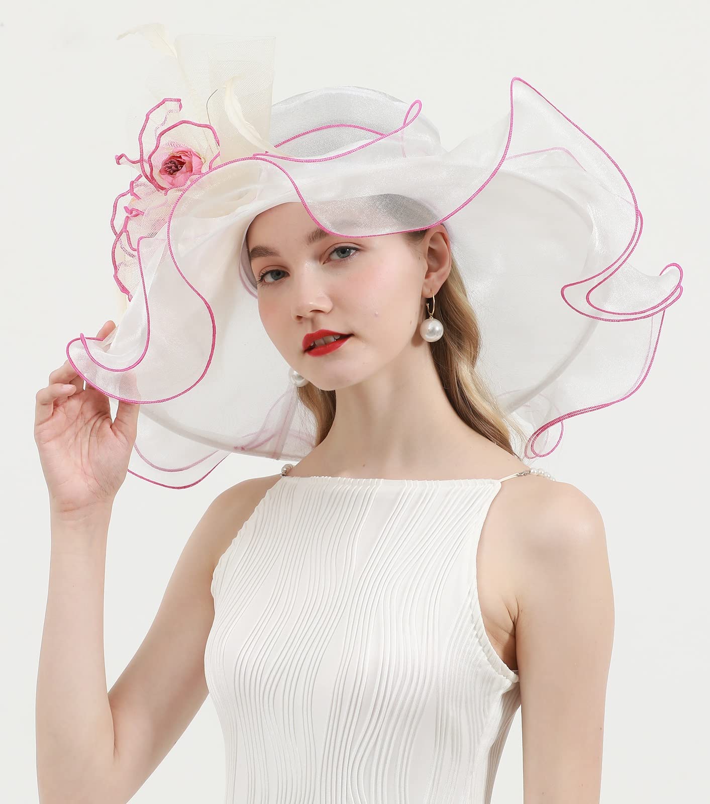 RZTA Women's Kentucky Derby Church Dress Hat Wide Brim Leaf Flower Bridal Shower Hat 01White,Pink